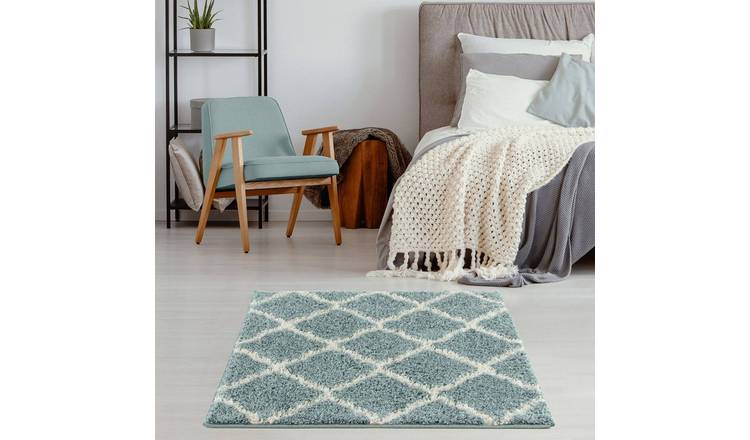 The Rugs Duck Egg Blue Moroccan Shaggy Lattice Square Rug - 120 x 120cm