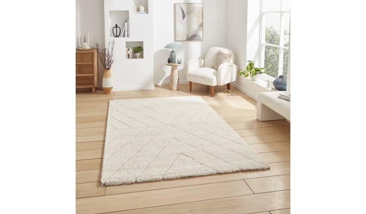 Mega Flooring White Shaggy Geometric Rug - 120 x 170cm