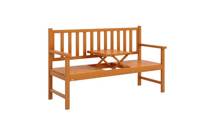 Outsunny Patio Wood Bench with Liftable Middle Table - Brown
