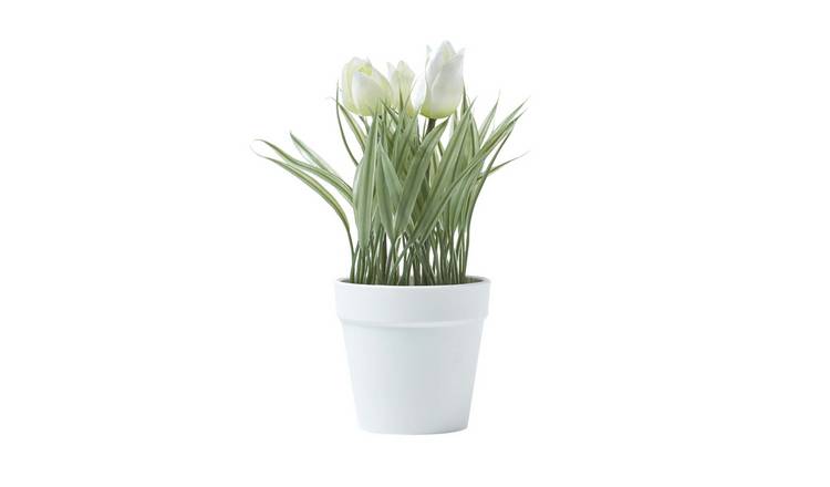 Homescapes Silk-like Polyester Artificial Tulips in Plastic Round Pot - White