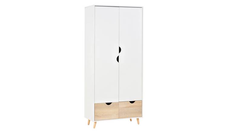 HOMCOM 2 Door 2 Drawer Clothes Wardrobe with Rail Shelf and Wood Feet - White