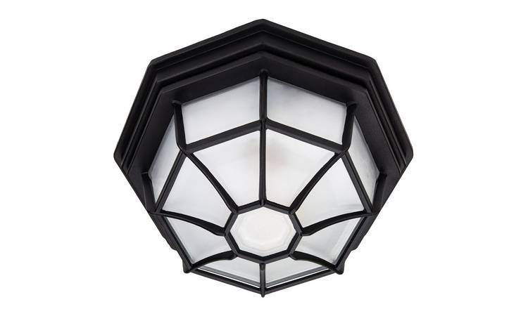 Happy Homewares Hexagonal Flush Ceiling Light with Glass Panels - Matt Black