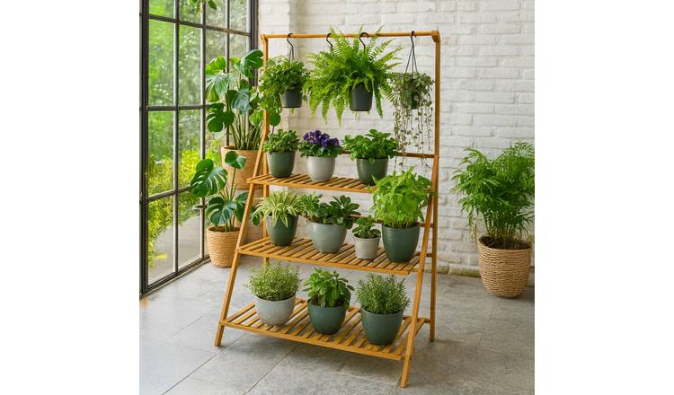Neo 3 Tier Foldable Bamboo Plant Stand with Hanging Hook