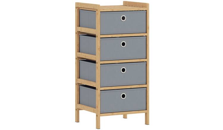 HOMCOM 4 Drawer Narrow Fabric Dresser with Bamboo Frame - Light Grey