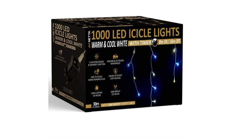 NETTA 30m 1000 LED Icicle Christmas Lights with Timer - Warm&Cool White