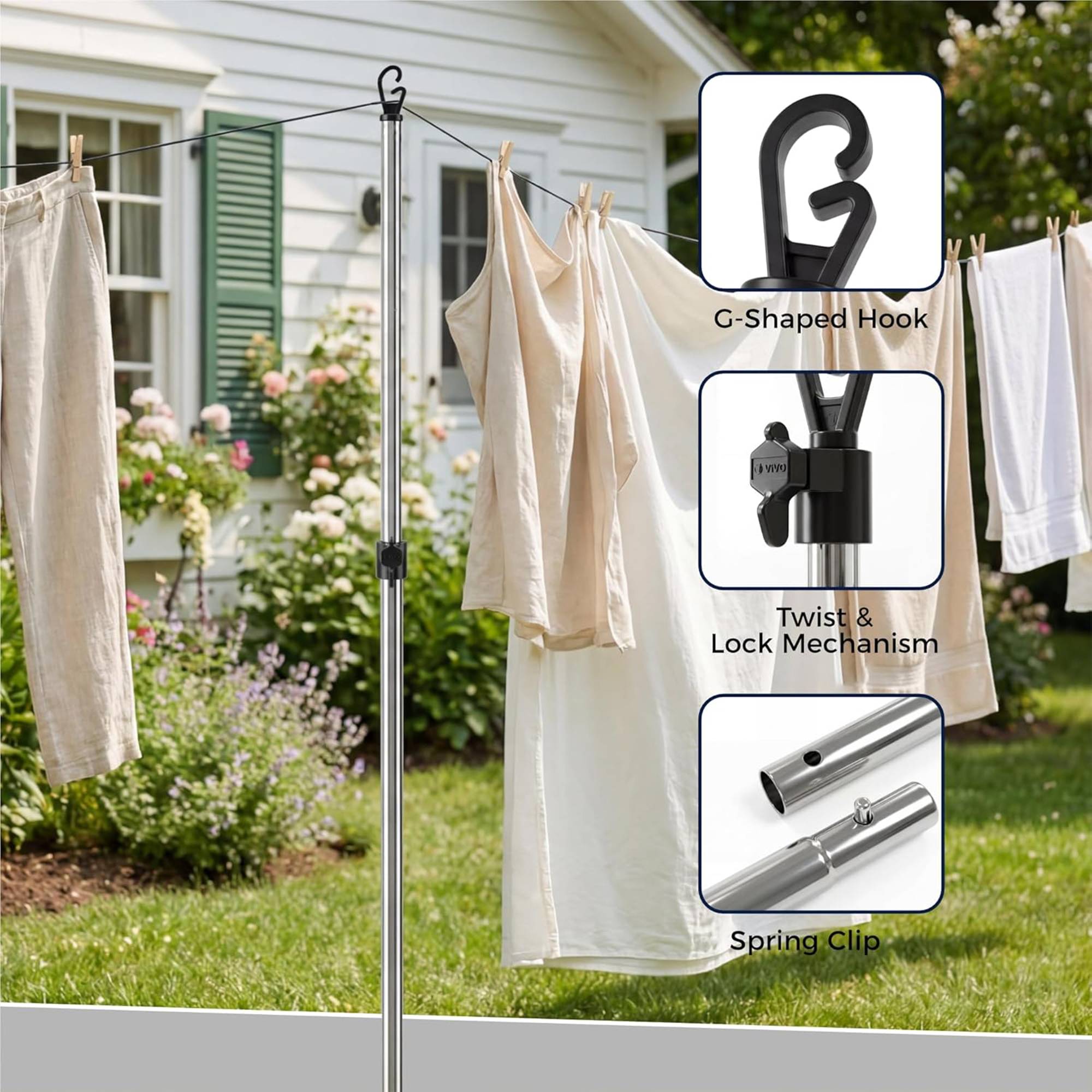 Vivo Technologies 4 Pack Adjustable Stainless Steel Washing Line Props 2.4m - Image 2