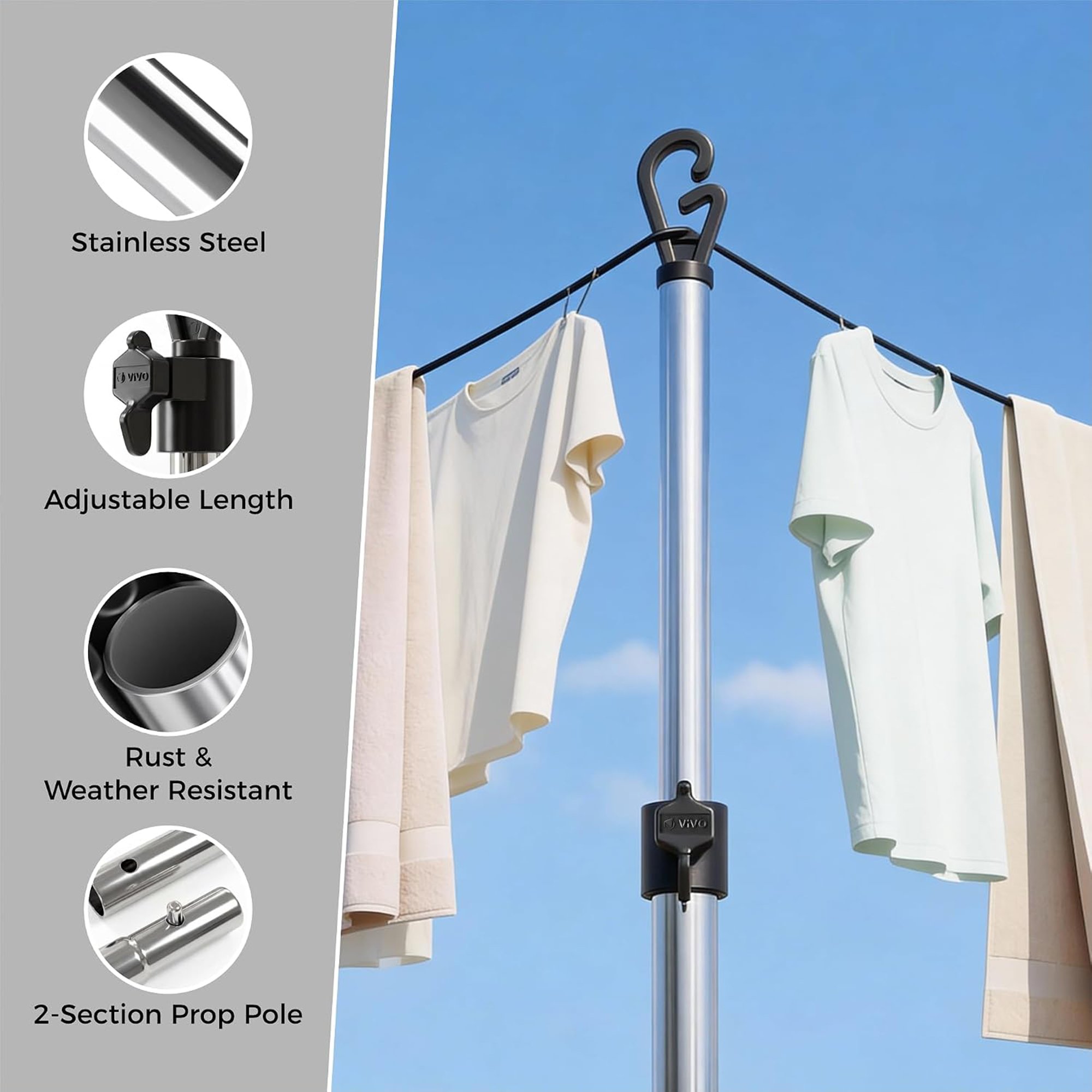 Vivo Technologies 4 Pack Adjustable Stainless Steel Washing Line Props 2.4m - Image 4