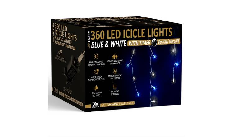 NETTA 10m 360 LED Outdoor Icicle Christmas Lights with Timer - Blue White