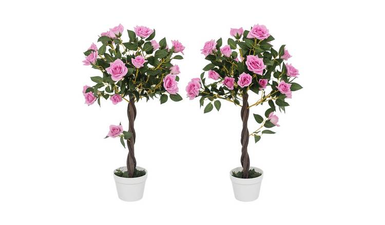 Outsunny Set of 2 Artificial Rose Trees - Purple and Green
