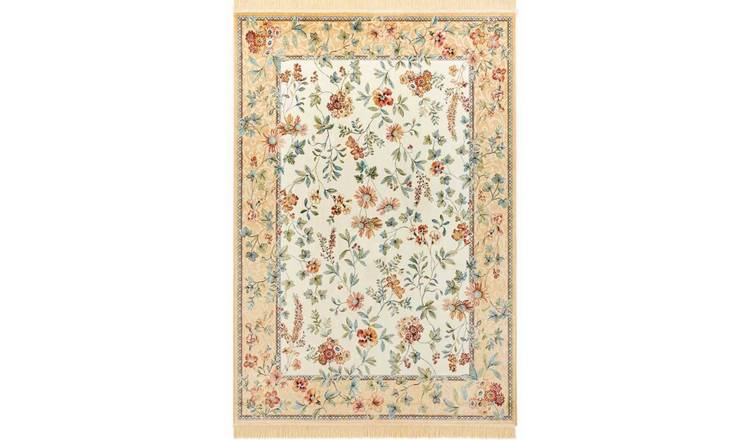 Hanse Home Beige Oriental Velvet Floral Vintage Fringed Rug - 95 x 133cm