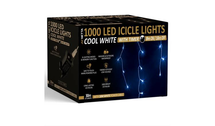 NETTA 30m 1000 LED Outdoor Icicle Christmas Lights with Timer - Cool White