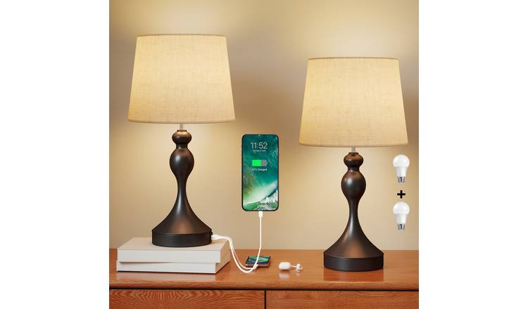 HOMCOM Set Of 2 LED Table Lamps Linen Shade - Black