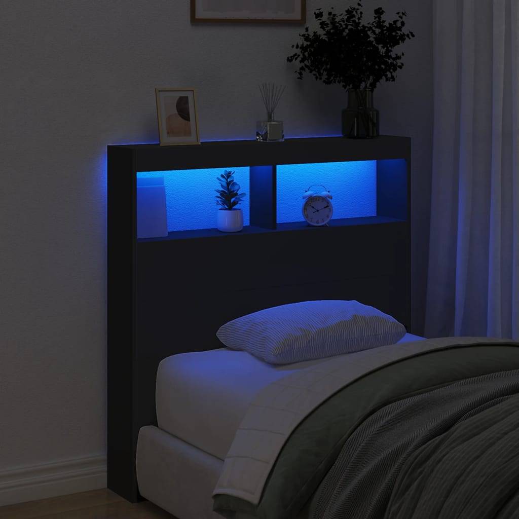 Walplus Engineered Wood LED Headboard Cabinet - Black - 100 x 17 x 102 cm - Image 3