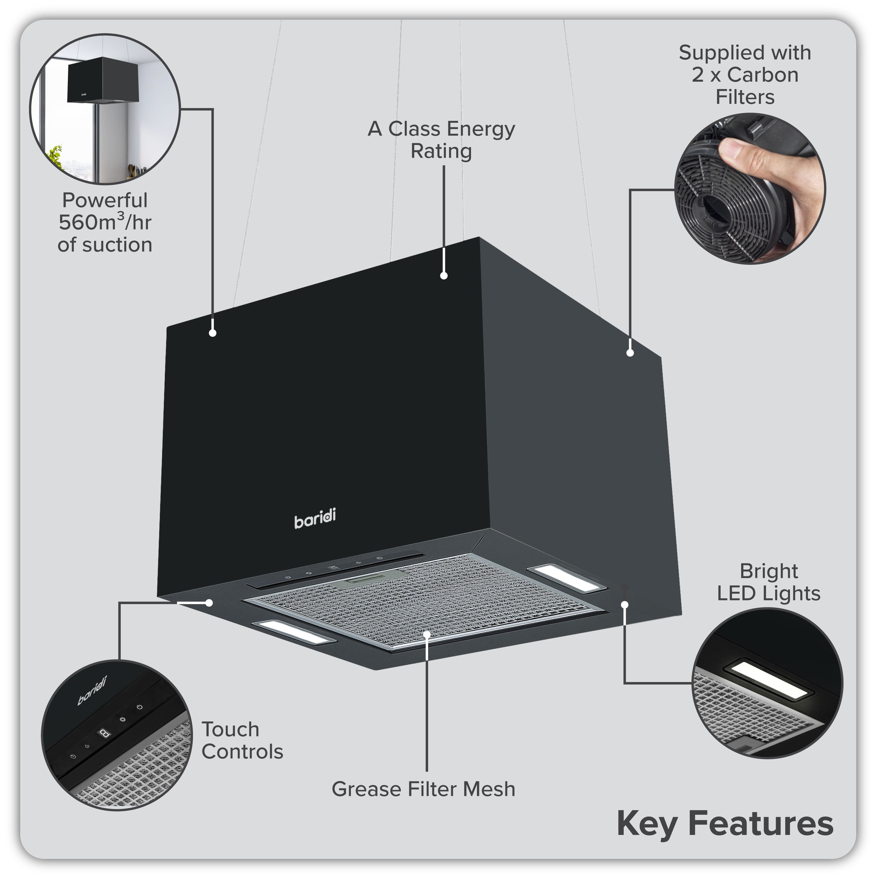 Baridi 40cm Square Island Cooker Hood - Black - Image 4
