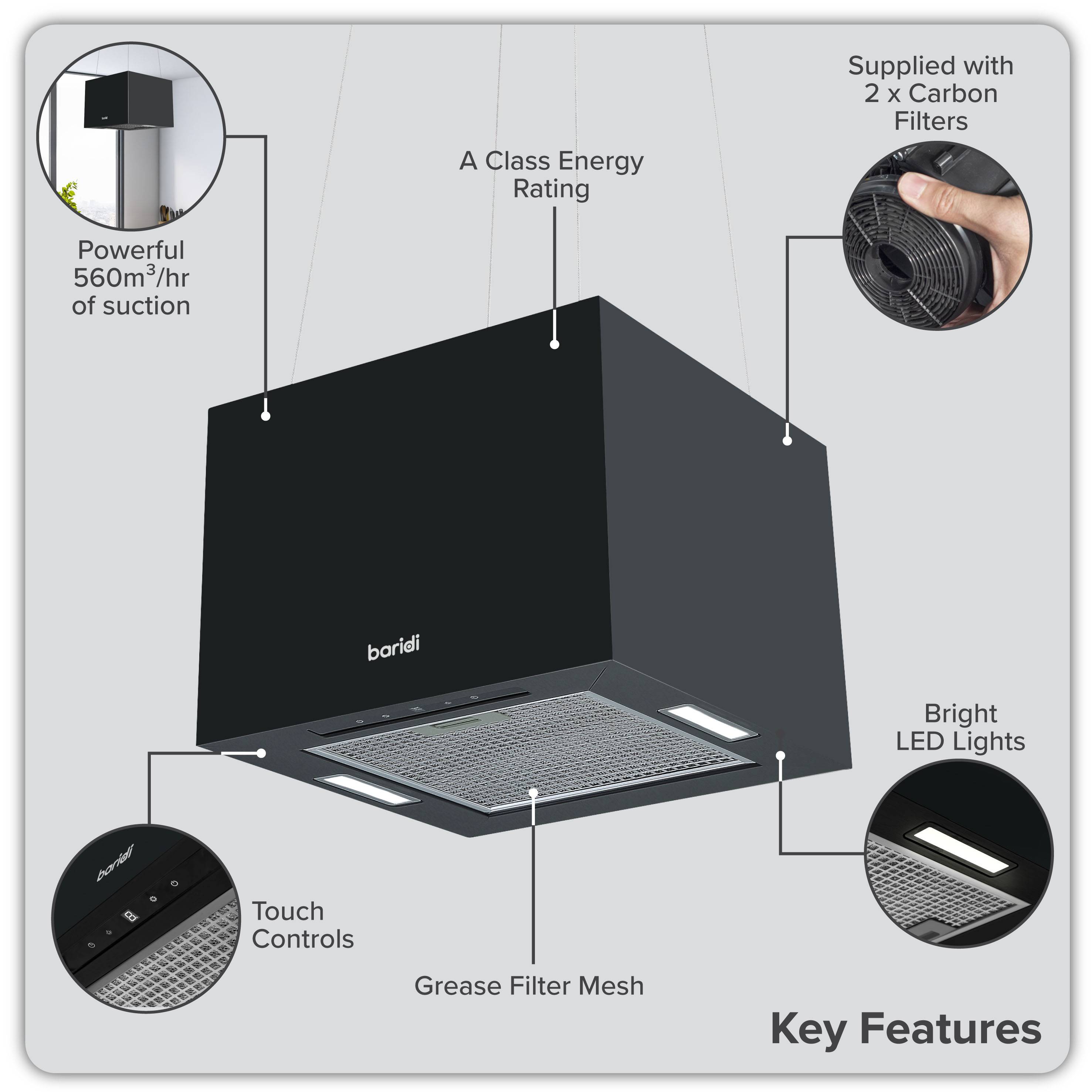 Baridi 40cm Square Island Cooker Hood - Black - Image 4