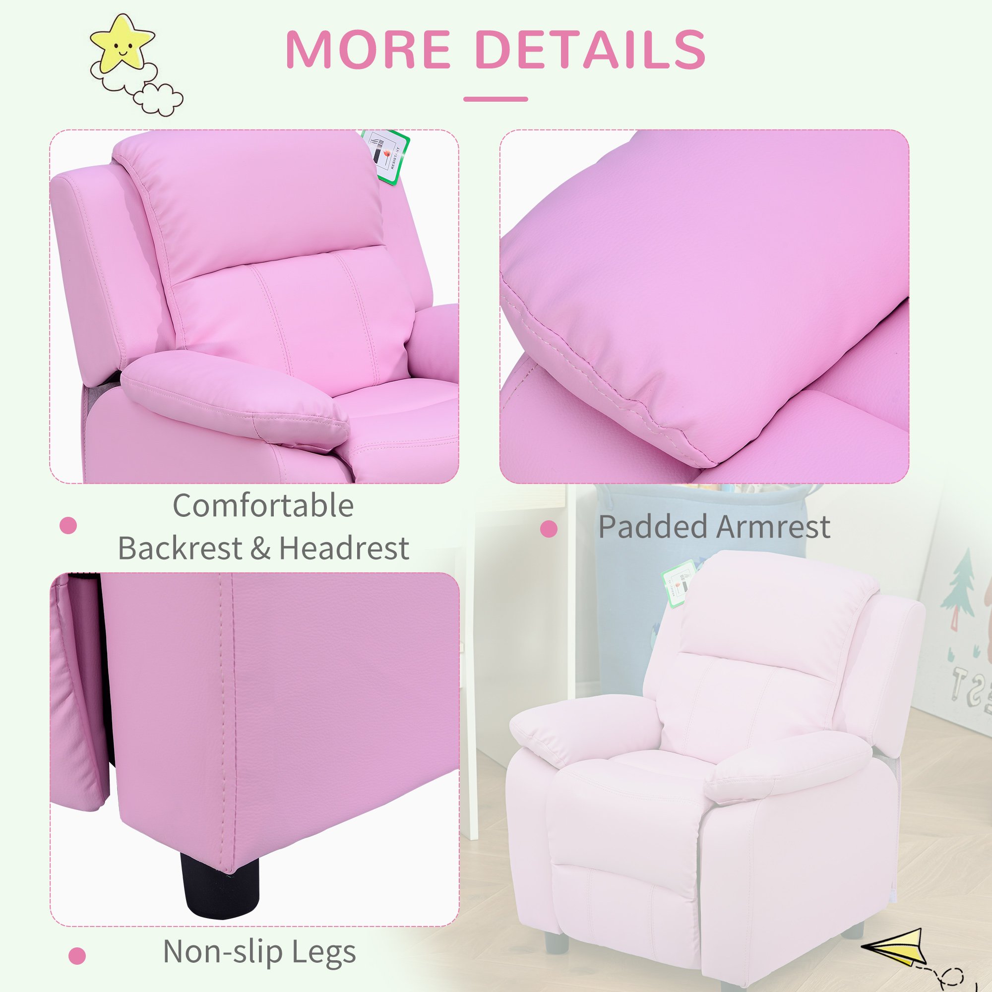 HOMCOM Single Seat Faux Leather Reclining Armchair Lounger - Pink - Image 6