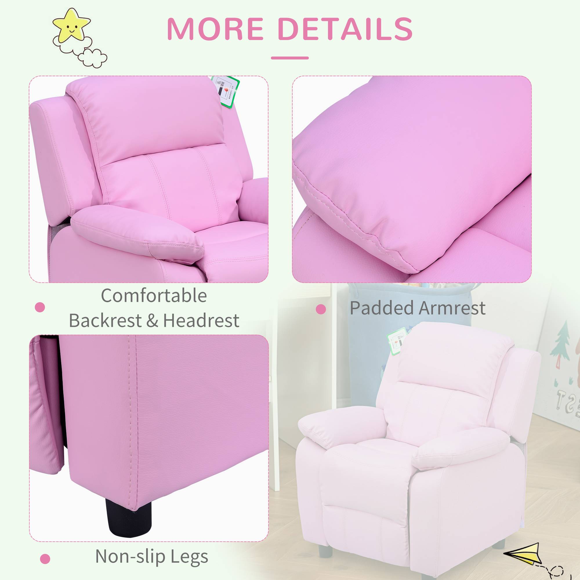HOMCOM Single Seat Faux Leather Reclining Armchair Lounger - Pink - Image 6
