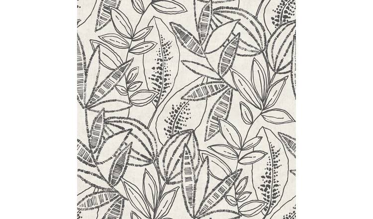 Grandeco Valadera Stitched Sketched Leaves Blown Vinyl Wallpaper - Black White