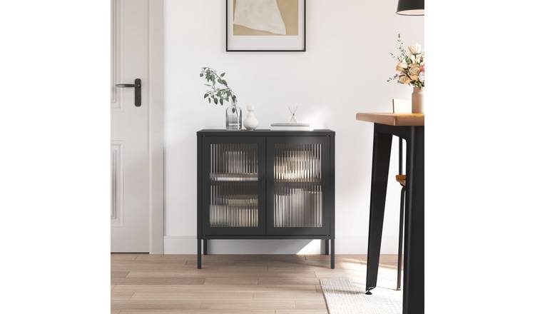 Walplus Steel Fluted Glass Door Sideboard - Black - 70 x 35 x 70 cm