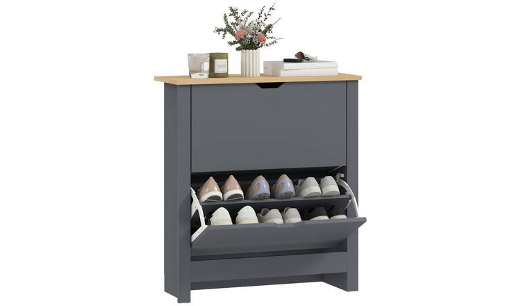 HOMCOM Space Saving Shoe Storage Cabinet with 2 Flip Drawers - Charcoal Grey