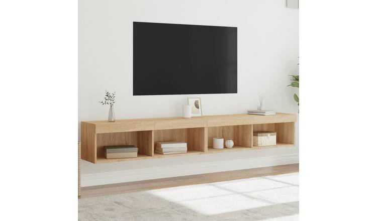 Walplus Pack of 2 LED Engineered Wood TV Cabinet - Light Oak - 100 x 30 x 30 cm
