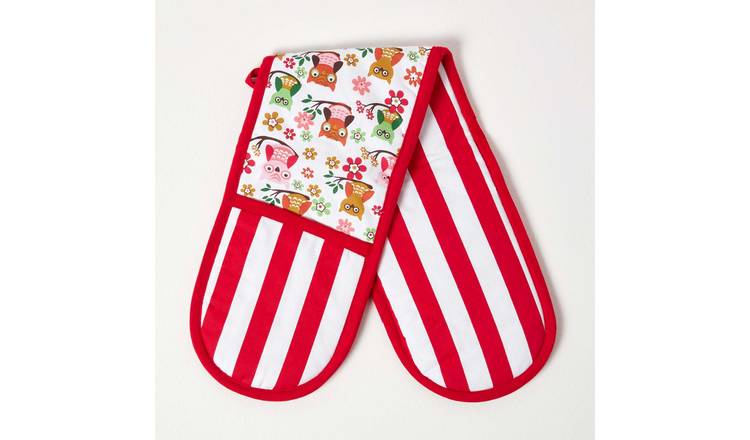 Homescapes Red Owls Cotton Double Oven Glove - Red