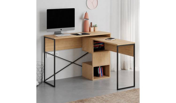 Decortie Badau Metal Frame L-Shaped Corner Desk - Oak