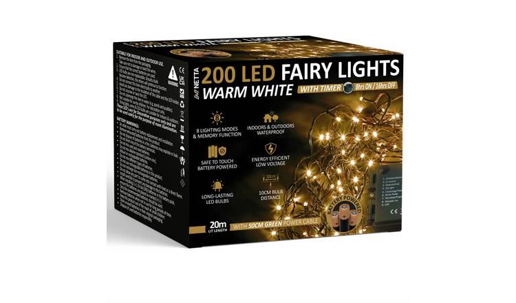 NETTA 20m 200 LED Battery Operated Christmas Fairy Lights - Warm White