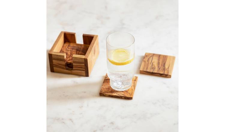 Orsina Set Of 4 Kora Olive Wood Square Coasters - Brown