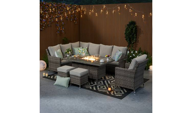Furniture Maxi Hampton Rattan Effect 9 Seater Fire Pit Dining Set-Natural