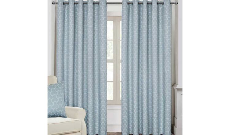 Homescapes Blue Geometric Jacquard Blackout Eyelet Curtains - 228cm x 182cm