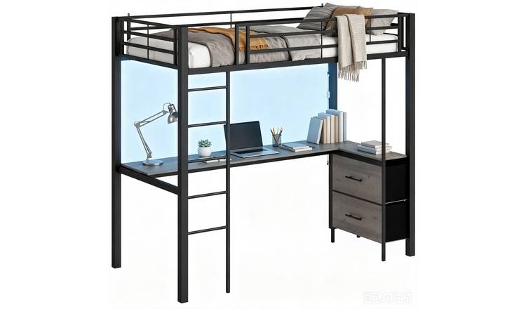 HOMCOM Metal Bunk Bed with Desk and LED Light - Black
