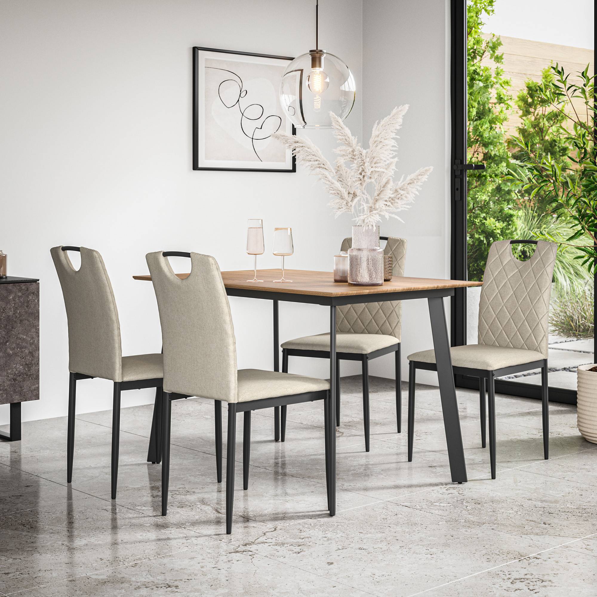 Furniture Online Haydon Monza Oak Effect Dining Table & 4 Beige Chairs - Image 1