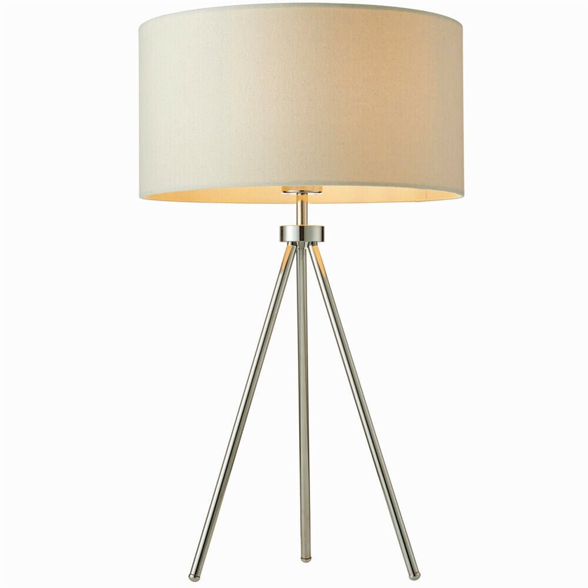 Loops Direct Steel Tripod Table Lamp - Chrome and Ivory - Image 1