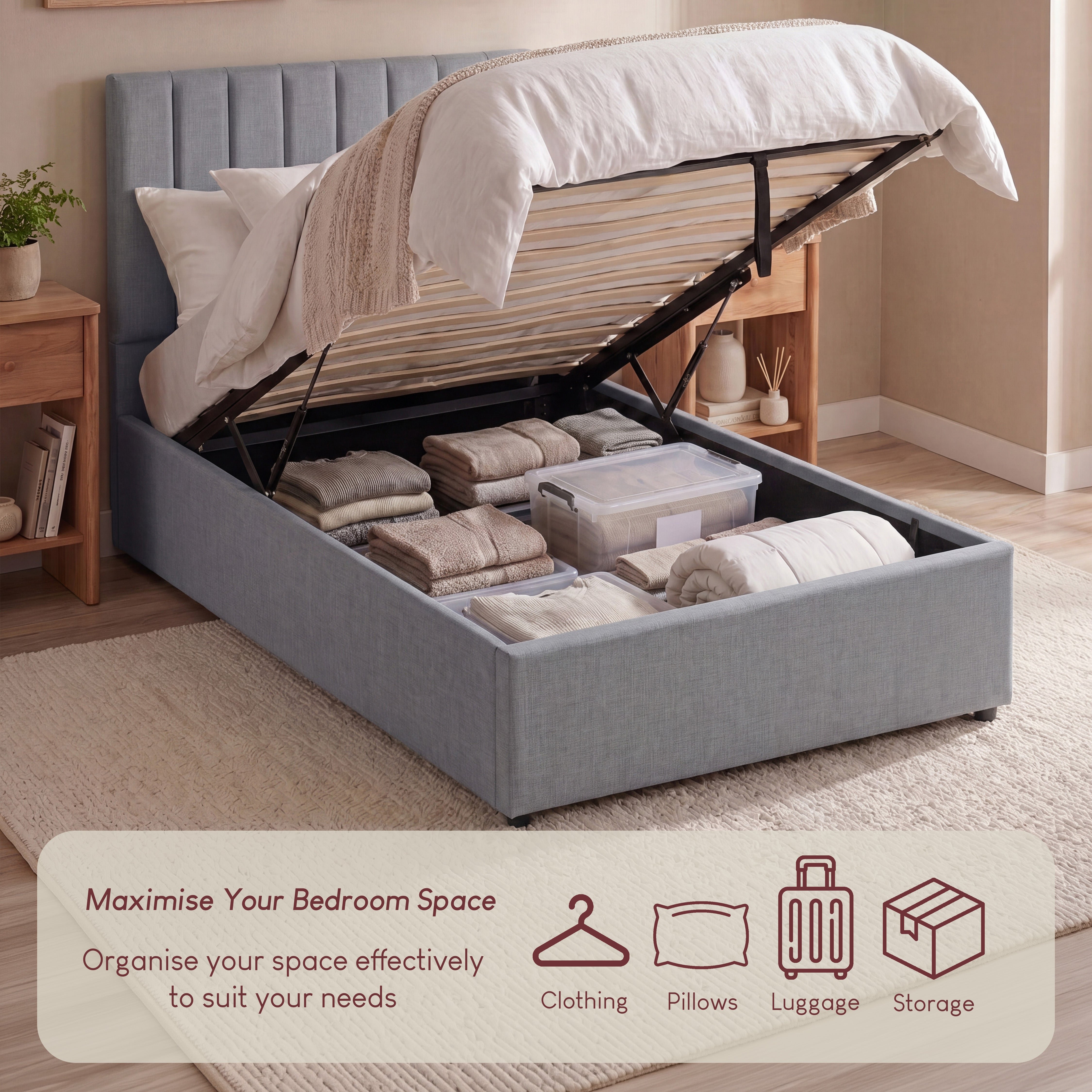 Vida Designs Vellaro Single Ottoman Linen Fabric Bed Frame - Light Grey - Image 5