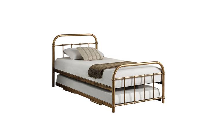 Slumberworks Tewin Vintage Single Bed Frame with Metal Trundle – Brass