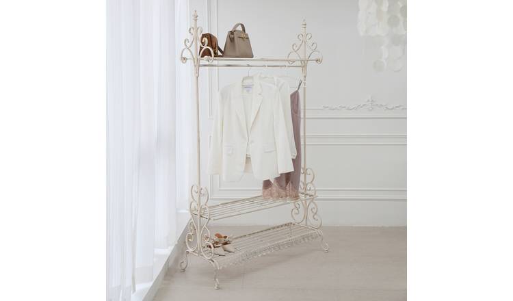 Charles Bentley Wrought Iron Coat Hanging Rail Clothes & Shoe Rack - Beige