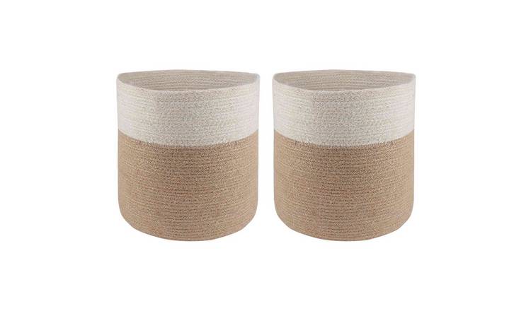 Walplus Pack of 2 Jute Plant Pot - Natural and White V2 - 28 x 28 cm