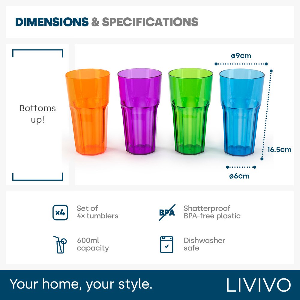 LIVIVO Set of 4 Reusable Plastic Tumblers - 600ml - Multicolour - Image 6