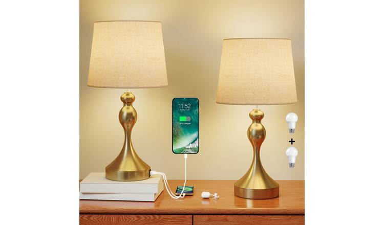 HOMCOM Set of 2 LED Table Lamps Linen Shade - Gold