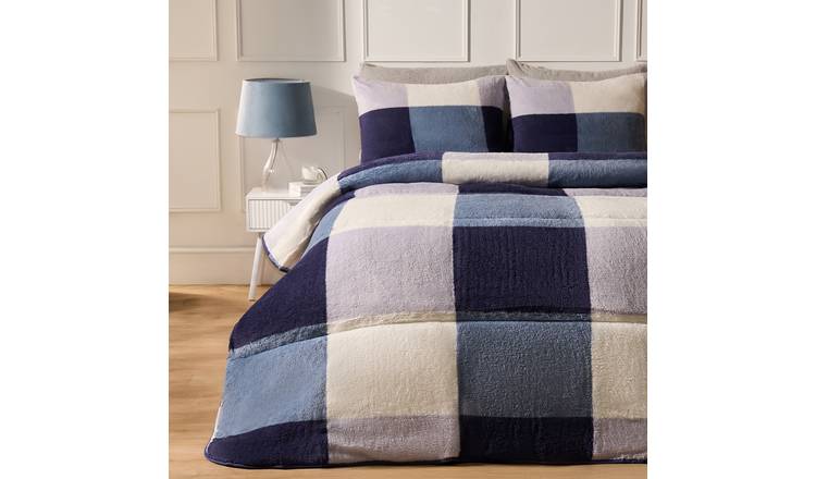 OHS Gingham Teddy Reversible 10.5 Tog Coverless Duvet Set Navy - King