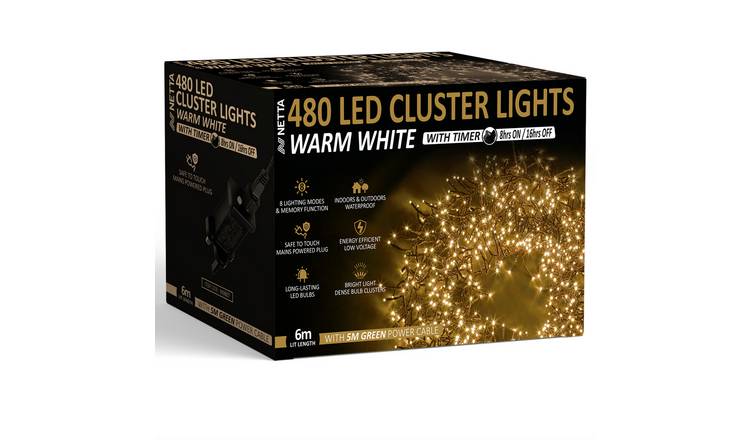 NETTA 480 LED 6m Christmas Cluster String Lights with Timer - Warm White