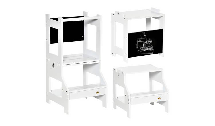 HOMCOM 2 in 1 Chalkboard MDF Ages 3-6 Toddler Learning Tower – White