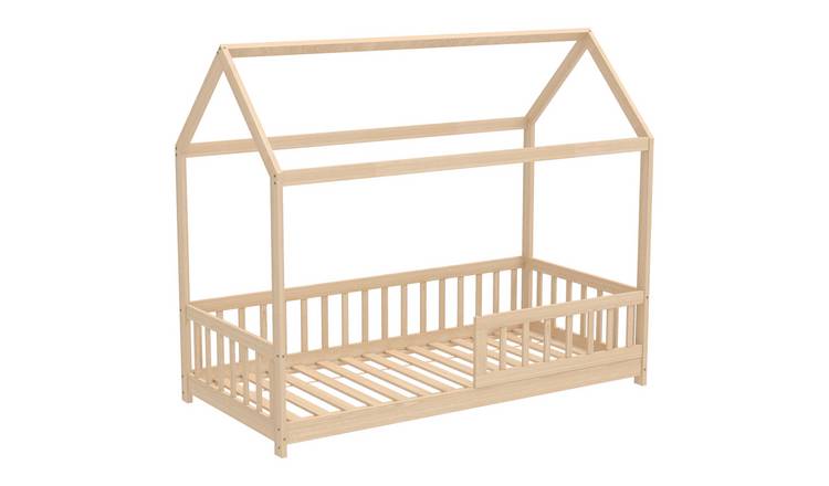 HOMCOM Single Wooden Kids Bed Frame with Guard Rails - Natural Wood