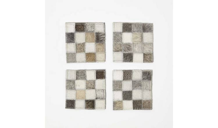 Homescapes Pack of 4 Block Check Leather Coasters - Grey and White