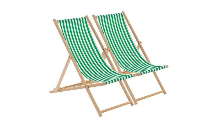 Harbour Housewares Folding Wooden Deck Chairs - Green Stripe - Pack of 2