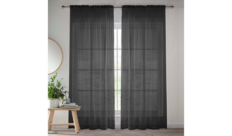 Tyrone Textiles Crystal Plain Slot Top Voile Panels - 140 x 122cm - Black