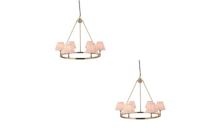 Loops Direct Set of 2 Steel Fabric 6-Light Pendant - Brushed Aged Brass
