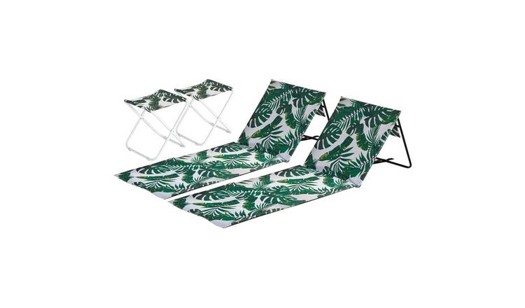 Harbour Housewares 4 Piece Folding Beach Set - Banana Leaf - Lounger and Stool