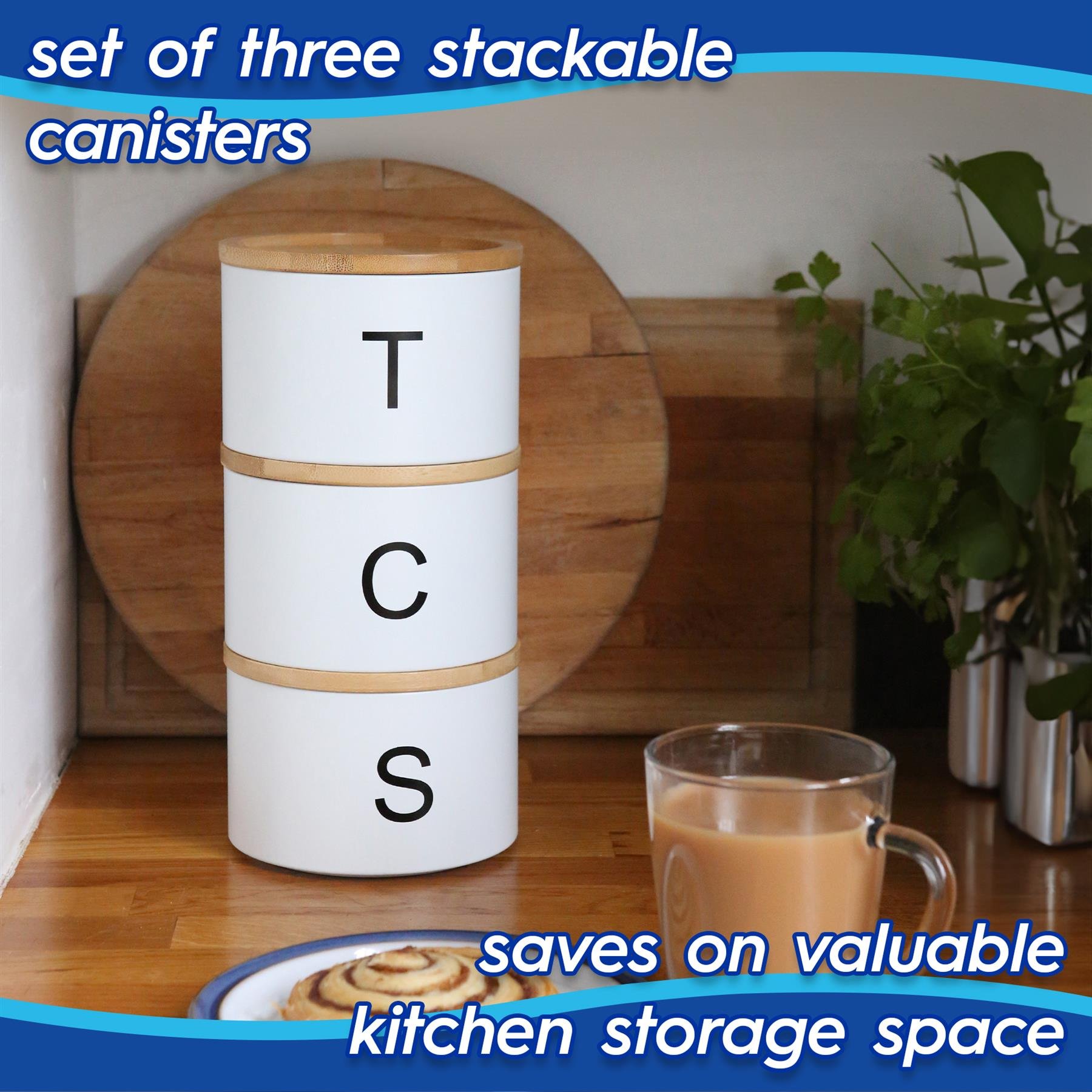 Harbour Housewares 3pc Stacking Tea Coffee Sugar Canister Set - Cream - Image 2